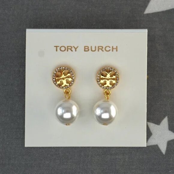 Tory Burch Miller Pave Pearl Drop Earrings in Tory Gold (New with Dust Bag） - Picture 1 of 4